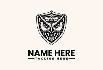 A black and white illustration of an owl's head inside a shield with a placeholder text for a name and tagline on a plain background.