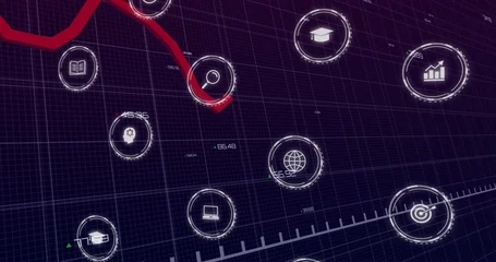 Fotobehang Vlees Displaying data dashboard highlighting red trend line and circular HUD icons in virtual UI  © vectorfusionart