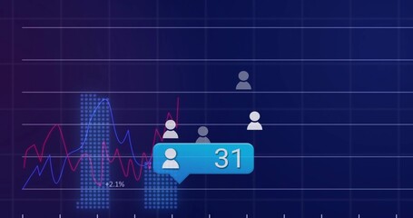 Displaying blue callout bubble showing user icon 31 on data dashboard with lines, dotted bars +2