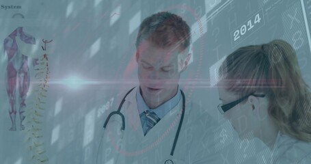 Reviewing two doctors in white coats consulting in clinic, with stethoscope, spine diagram, HUD