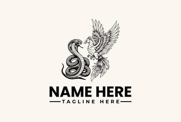 Fototapeta premium Black and white illustration of a stylized letter with a winged design and placeholder text on a beige background.