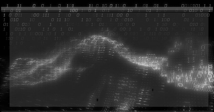 Displaying glowing data ridge forming from binary digits in digital overlay, with ruler, scanlines