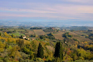Beautiful Italian nature with vineyard in Tuscany, Italy. Traveling in Italy in Autumn season.	Pastoral landscape