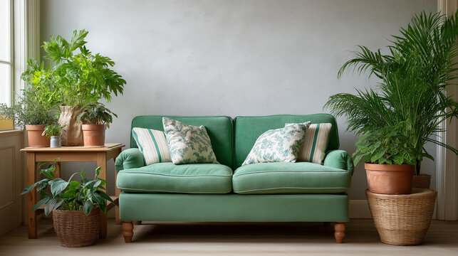 Modern living room with green sofa and potted plants, contemporary botanical interior, nature-inspired residential design, eco-friendly home styling, biophilic living space, verdan