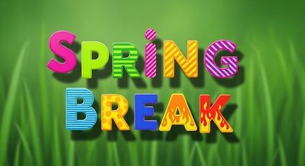 Colorful Spring Break Text on Green Grass Background.