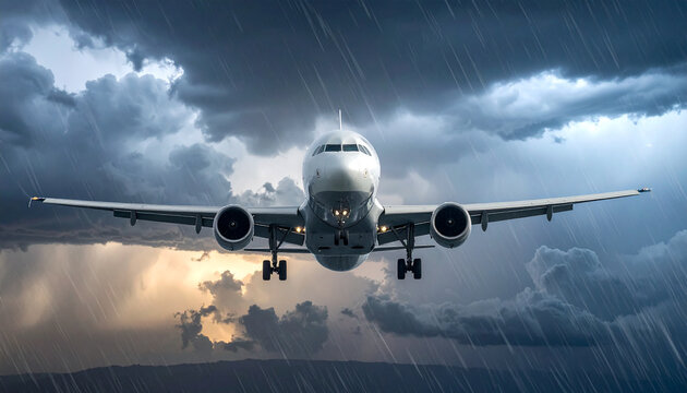 Avi&oacute;n comercial volando por un cielo con nubes de tormenta, concepto de tecnolog&iacute;a, precisi&oacute;n, seguridad, control y fiabilidad a&eacute;rea y condiciones clim&aacute;ticas adversas