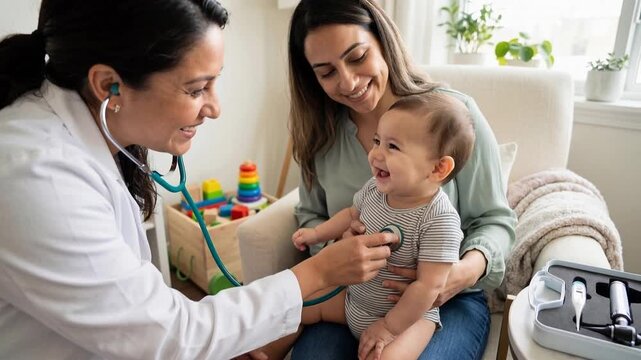 Hispanic pediatrician using stethoscope while examining happy baby held by mother during a medical checkup at home with natural window light