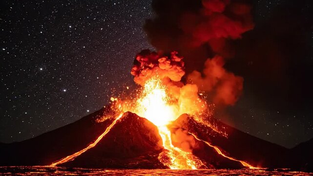 Volcanic eruption at night with lava flows and smoke under starry sky, natural disaster scene