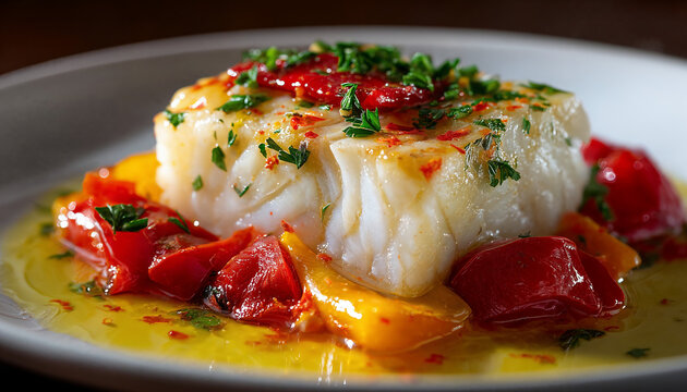 Bacalao al Pil Pil Spanish Salt Cod with Garlic Olive Oil Sauce and Roasted Peppers 