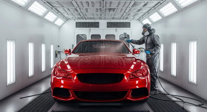 Professional car painter spraying red sports car in modern paint booth