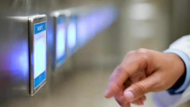 Operators hand selecting a program on a touchless sterilization panel button lit with UV light background equipment softly out of focus.