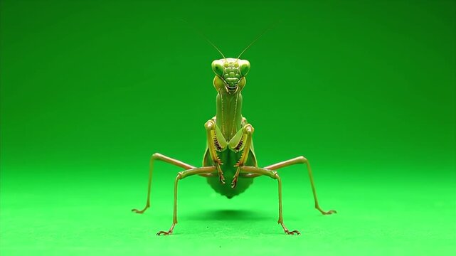 Praying Mantis Insect Staring Intently at the Camera on a Green Screen.