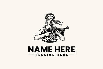 Naklejka premium A minimalist line art illustration of a blindfolded woman holding a gun with a placeholder text for a logo or brand name on a plain background, featuring a vector logo design with an icon