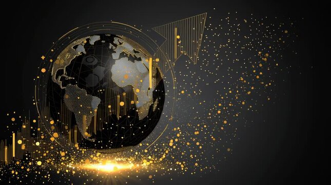 money financial economy, Global business, market growth, worldwide commerce futuristic concept with Earth globe and arrow up in glowing low on golw glitter background. Modern abstract design vector 