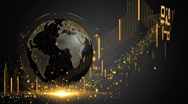 money financial economy, Global business, market growth, worldwide commerce futuristic concept with Earth globe and arrow up in glowing low on golw glitter background. Modern abstract design vector 