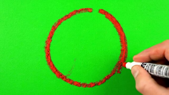 4K animation hand-drawn red circle ideal for marking against green screen background for highlighting objects, emphasizing text, or marking focal points in video editing. 