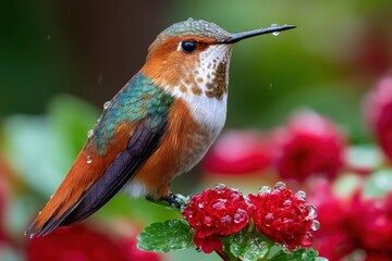 Fototapeta premium Hummingbird perched on vibrant flowers with raindrops in a lush garden setting