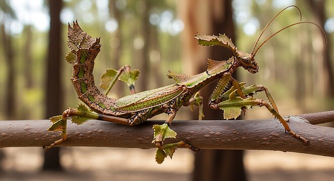Green Leaf Insect on Branch in Forest.