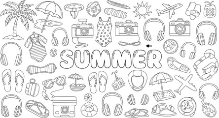 Summer doodle icons collection featuring beach travel vacation accessories sunshine relaxation hand drawn outline illustration set for seasonal holiday design