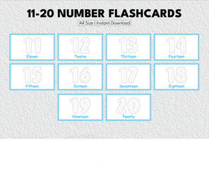 11 to 20 Tracing Flashcards for KIds Preschool and Kindergarten