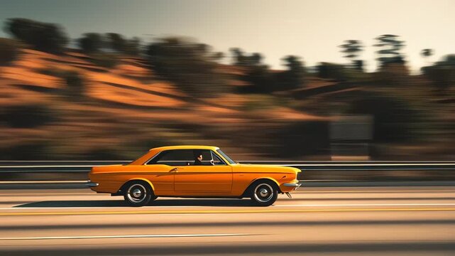 Vintage Orange Car Panning Shot Motion Blur Highway Drive