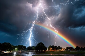Fototapeta premium Lightning Strikes Near Rainbow Over Park at Night