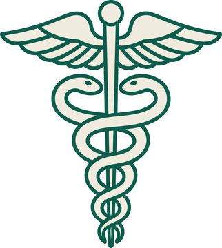 Traditional tattoo style vector illustration of a caduceus symbol for medicine concept, health care, or pharmacy design element