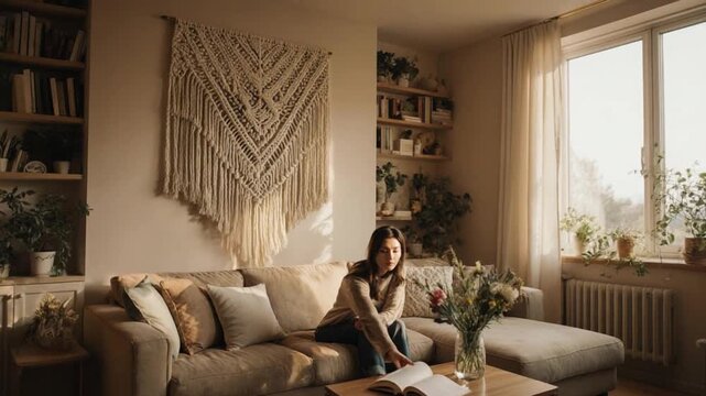 Woman relaxing on beige couch in living room with macrame wall hanging, bookshelf, and plants, enjoying coffee table with flowers