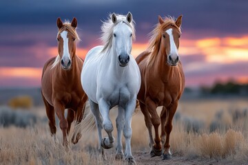 Obraz premium Three Horses Running at Sunset in Open Field