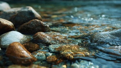 Clear stream water flowing over rocks.