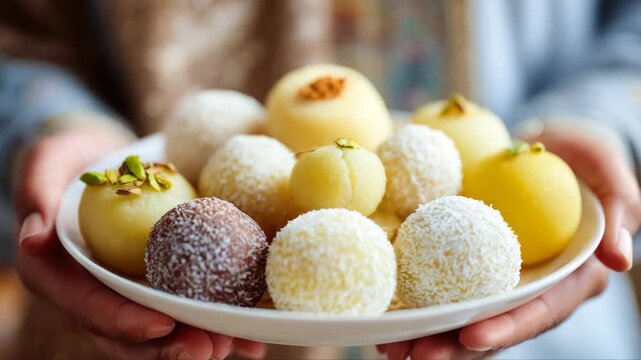 Colorful assortment of traditional sweets displayed on a white plate held by hands, showcasing various textures and shapes, highlighting the vibrant festive atmosphere of celebration