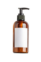 plastic pump bottle with blank white label isolated on a transparent background.
