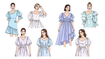 Naklejka premium Collection of illustrated women in various elegant dresses standing in different poses on a white background from a front viewpoint