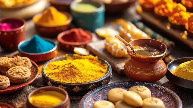 Vibrant display of colorful powders, sweets, and decorative items arranged on a wooden table, showcasing the festive spirit and rich textures of traditional celebrations