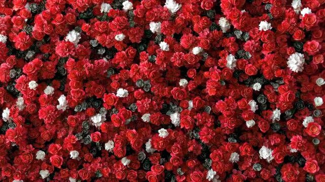 Colorful display of roses at a garden exhibition showcasing red and white blooms in an outdoor setting