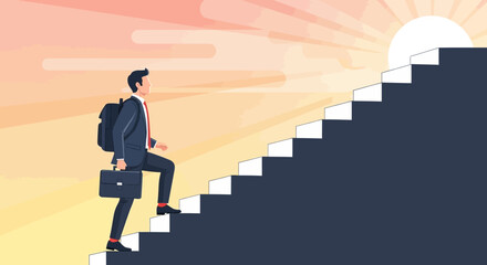 Man Climbing Stairs at Sunrise Success and Future Goals Concept Vector Illustration