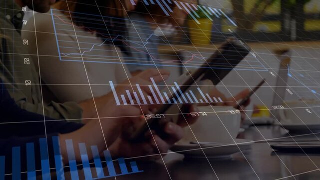 Colleagues tapping phones and using stylus on tablet, animating business charts for data review