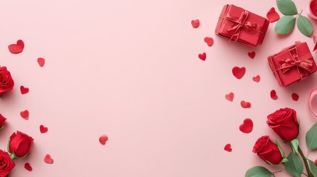 Pink valentines banner with roses and gifts