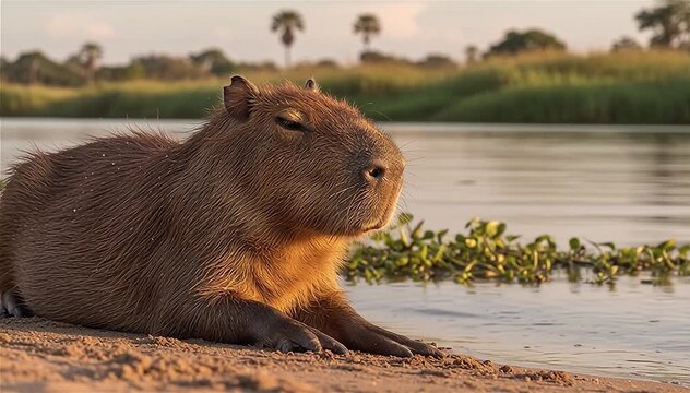 Close up of the capybara (Hydrochoerus hydrochaeris) sunbathe on the river's edge in the Pantanal, Brazil.
