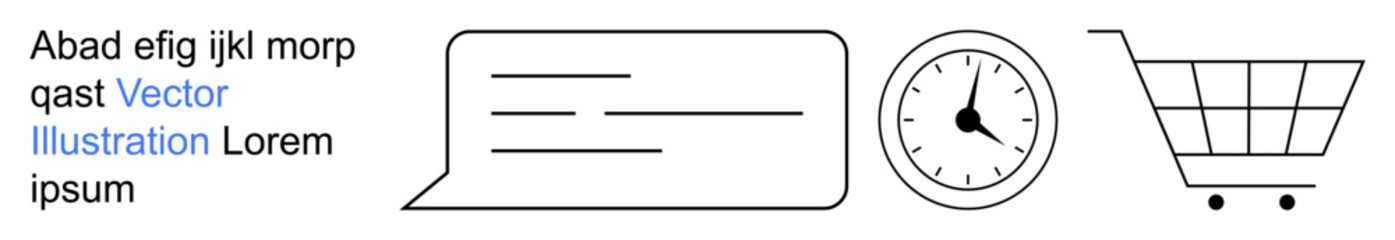 Digital marketing, e-commerce, time management, customer service, online communication, business solutions. Speech bubble, clock shopping cart outline with minimalist text. Digital marketing