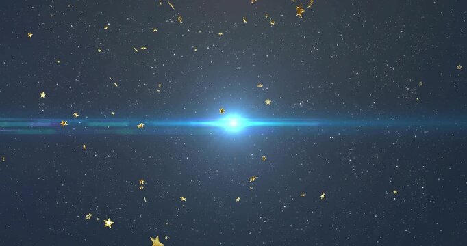 Blue point appearing triggers flare brightening, stretching; gold stars drifting, drawing focus