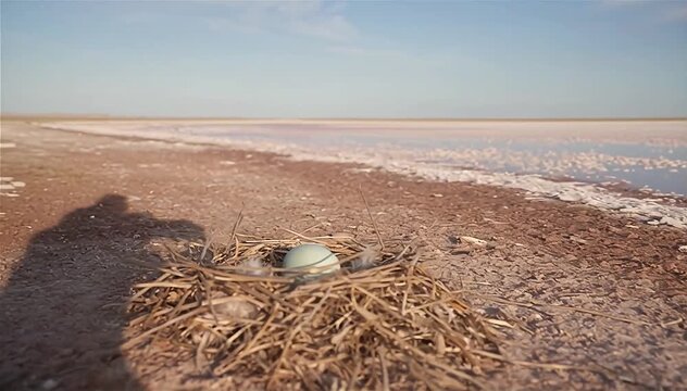 Close up of a Pelican's egg in nest (Pelecanus onocrotalus) on Kati Thanda&ndash;Lake Eyre,  South Australia.
