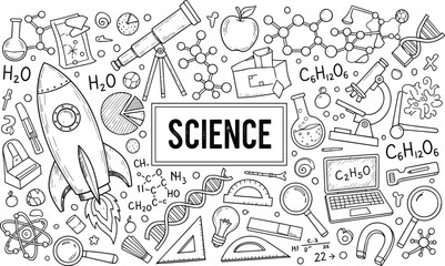 Science doodle icons collection featuring chemistry biology physics astronomy education symbols hand drawn outline illustration set for school learning design