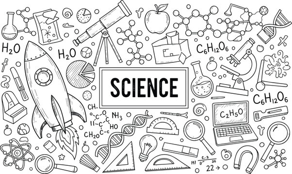 Science doodle icons collection featuring chemistry biology physics astronomy education symbols hand drawn outline illustration set for school learning design
