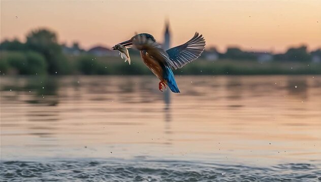 Slow motion of the common kingfisher (Alcedo atthis) diving and catching a little fish, Tisza River, Hungary.

