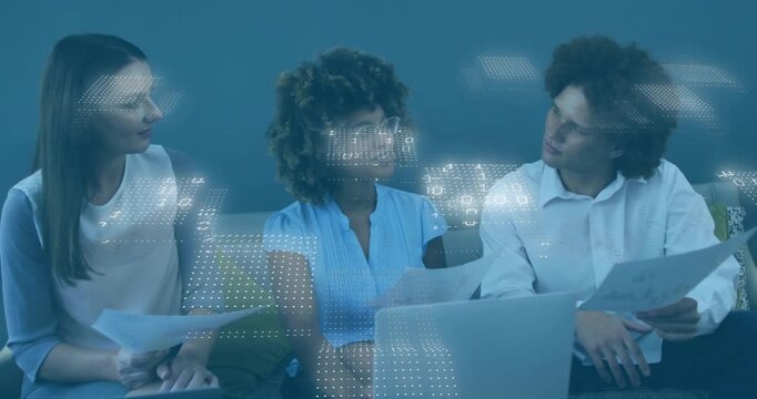 Biz team center using laptop paper initiating data overlay rising right leaning preparing report