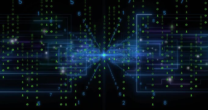 Core blue node lighting, sending neon paths while binary digits streaming inward, visualizing flow