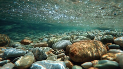 Underwater Riverbed with Rocks and Bubbles