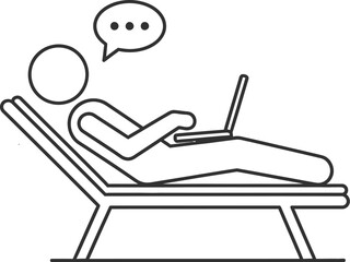 A simple line drawing depicts a person relaxing on a lounge chair while using a laptop