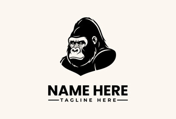 A black and white vector illustration of a gorilla's head in a hood with placeholder text for a logo or icon on a beige background.